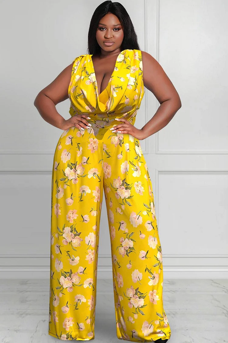 Xpluswear Design Plus Size Vacation Yellow Ditsy Floral Cowl Neck Backless Fold Jumpsuits [Pre-Order]