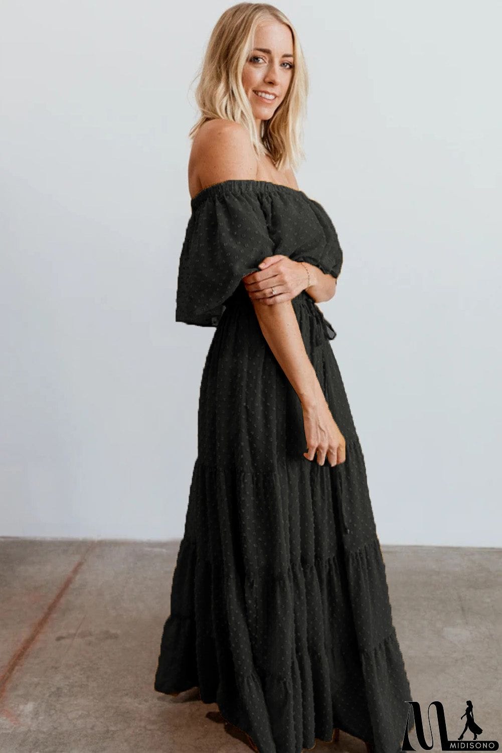 MidiSono - Rust Red Off Shoulder Ruffle Swiss Dot Maxi Dress