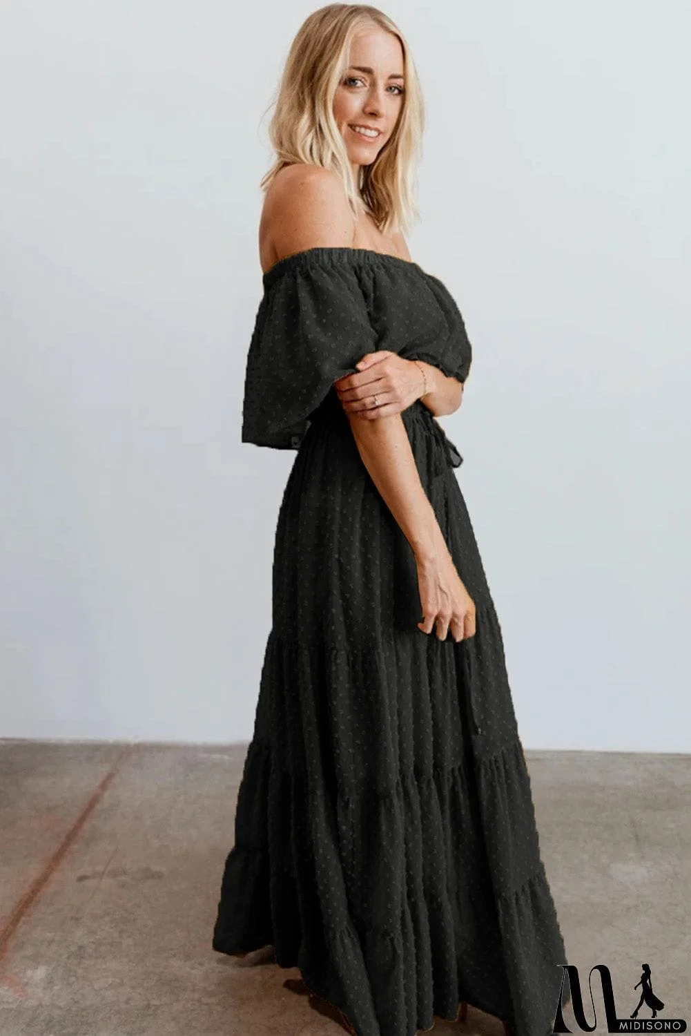 MidiSono - Rust Red Off Shoulder Ruffle Swiss Dot Maxi Dress