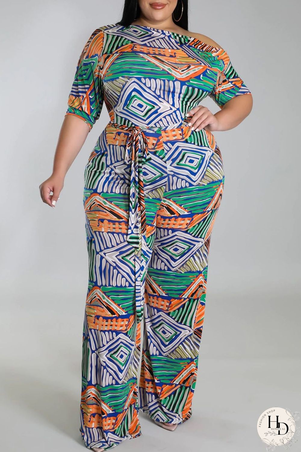 Black And White Fashion Casual Print Basic Oblique Collar Plus Size Jumpsuits