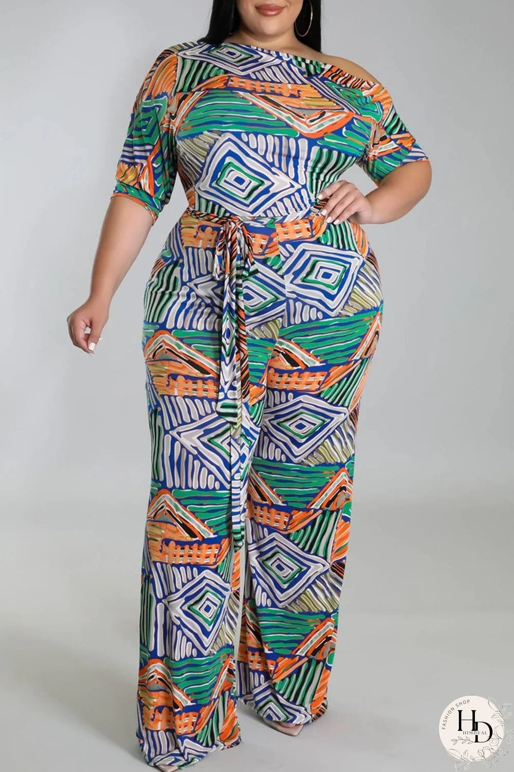 Black And White Fashion Casual Print Basic Oblique Collar Plus Size Jumpsuits