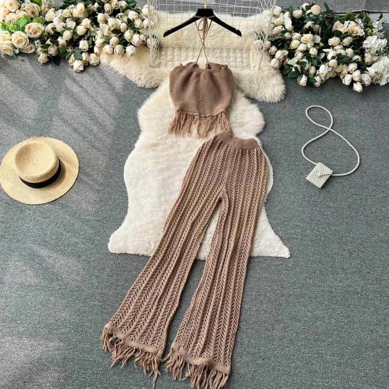Mongw Mongw Seaside Vacation Set Women's Summer Knit Tassel Hanging Neck Top High-Waisted Hollowed-Out Trousers Two-Piece Set
