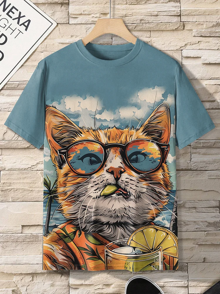 Men's Fun Hawaiian Mochito Selfie Cat Art Casual T-Shirt
