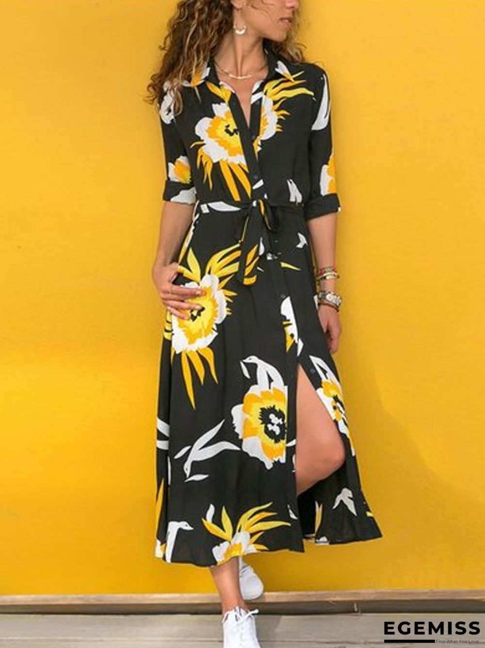 Autumn Printed Long Sleeve Lace Up Women's Dress Black Dresses | EGEMISS