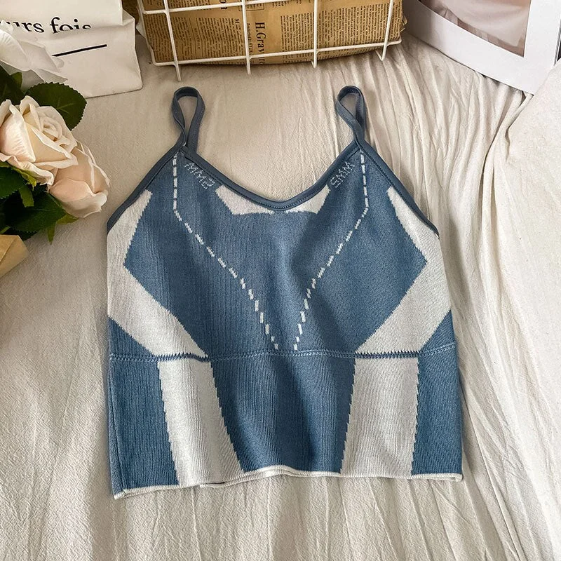 Pearl Diary Summer Contrast Color Short Vest Fashion V-Neck All-Match Top Women Sexy Unique Knitting Sling Top