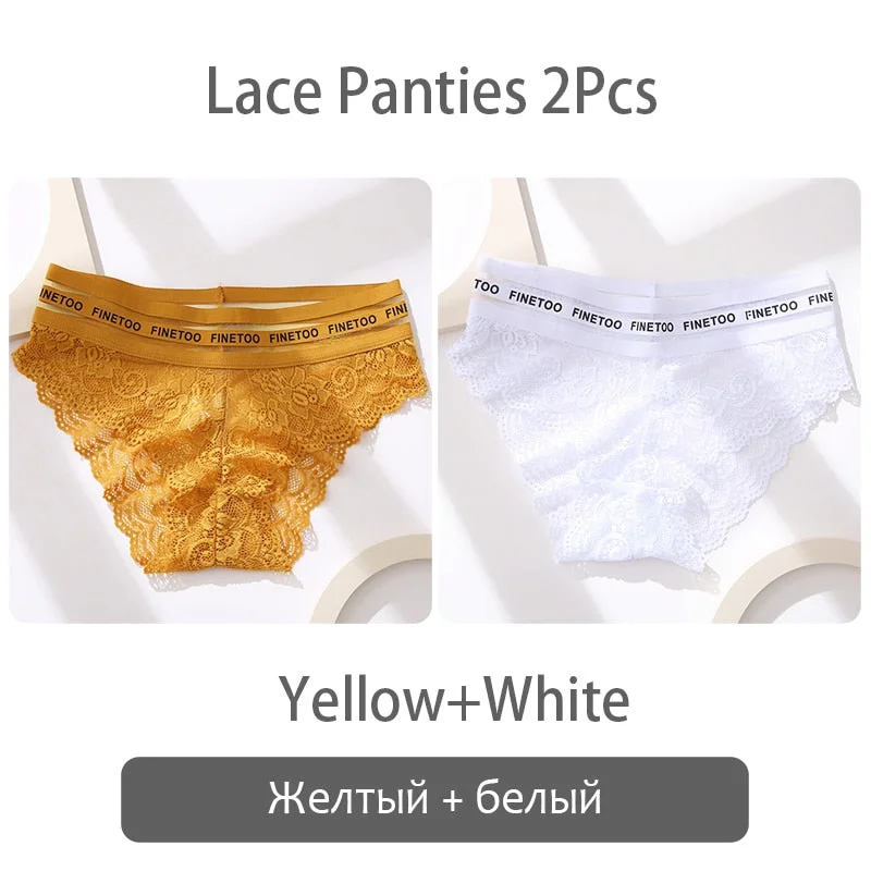 FINETOO 2Pcs Lace Panties Women Sexy Transparent Briefs Low Waist Floral Underwear Fashion Ladies Underpants L-2XL Girl Lingerie