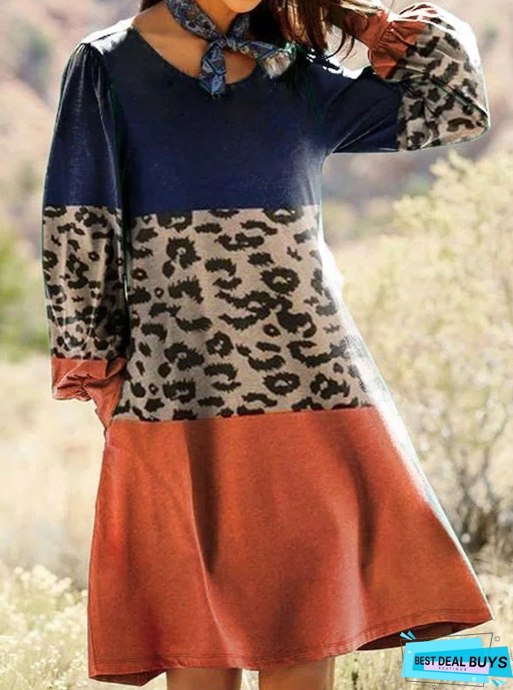 Casual Leopard Print Crew Long Sleeves Shift Dress