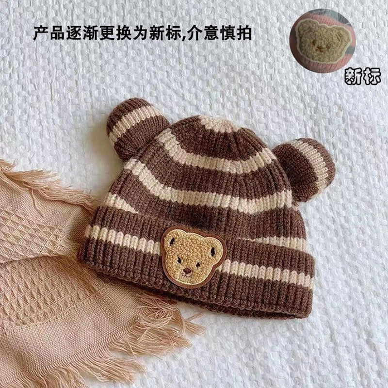 Autumn And Winter Children’s Warm Hat Cute Striped Bear Hat Korean Baby With Double Ball Knitted Hat Men’s And Women’s Treasure Hat
