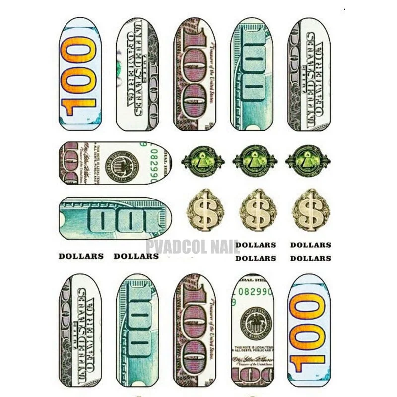 Money Dollar Wealthy Rich Style Nail Art Stickers Decals Manicure Tips Self Adhesive Transfer Slider Nail Decoration Accessories-Nail Inspo