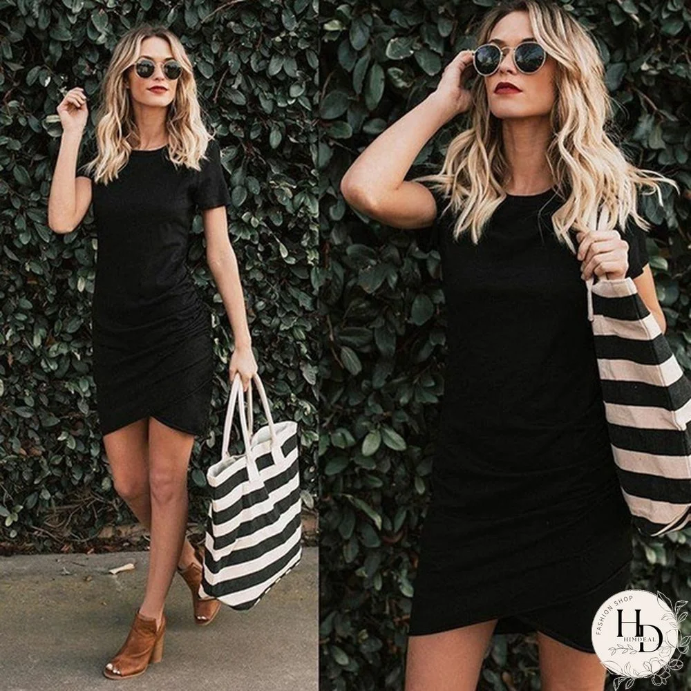 XS-5XL Plus Size Fashion Clothes Women's Casual Summer Dresses Short Sleeve Slim Fit Party Dress Ladies Irregular Bodycon Cotton Tunic Dresses Pure Color Mini Dersses