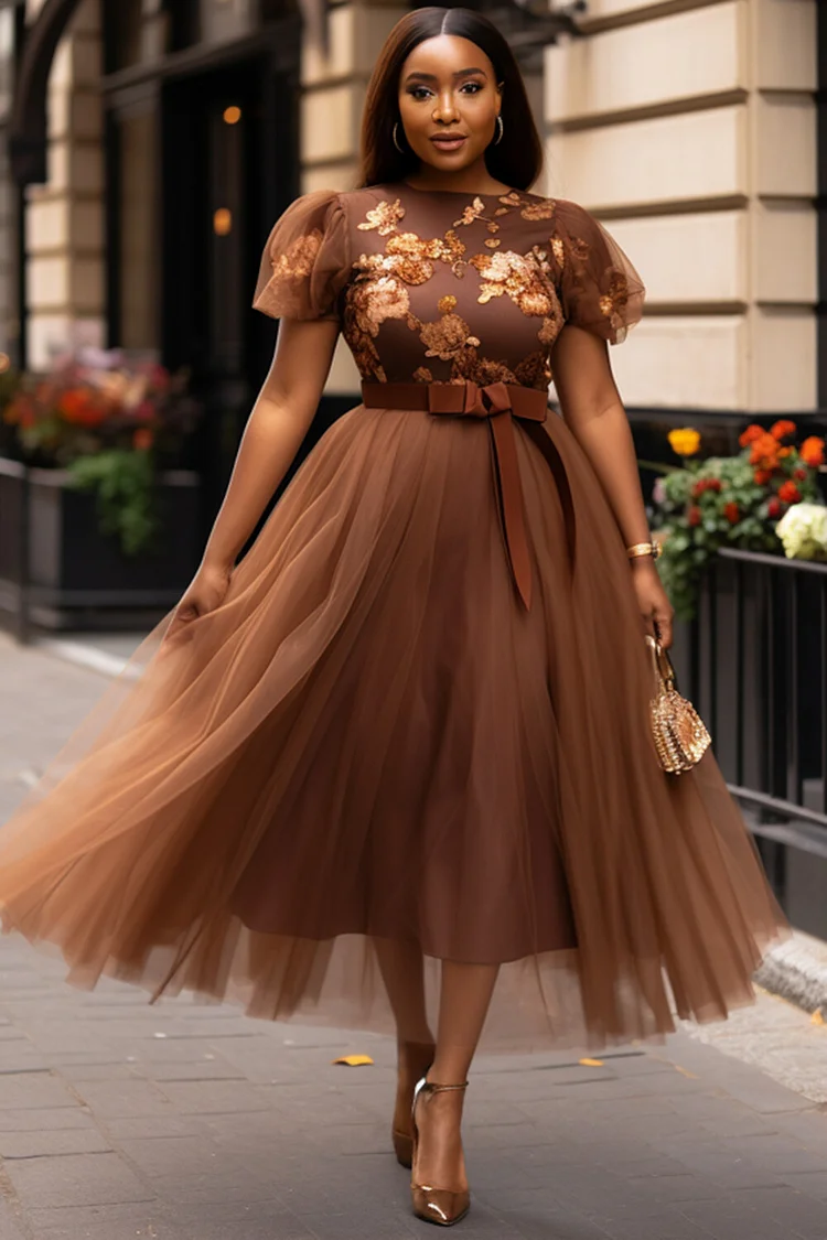 Xpluswear Design Plus Size Wedding Guest Brown Graphic Round Neck Puff Sleeve Short Sleeve Bow Tie Tulle Maxi Dresses [Pre-Order] 2024 - Xpluswear