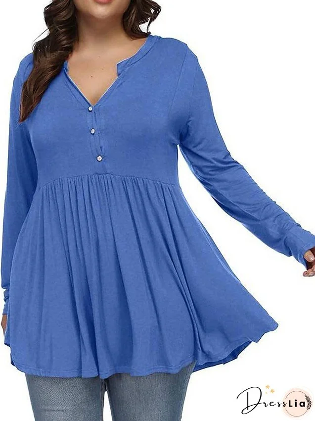 T shirt Tee Light Blue claret Deep Purple Plain Button Flowing tunic Long Sleeve Daily Weekend Basic V Neck Long Plus Size L for Women