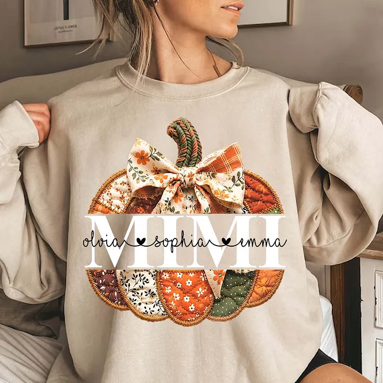 Personalized Mimi Patchwork Pumpkin Sweatshirt, Custom Grandkids Names, Fall Grandma Gift