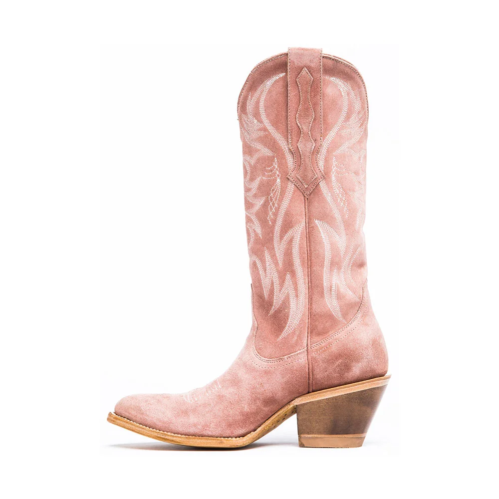 Pink Faux Suede Chunky Heel Shoes Embroidered Mid-Calf Cowgirl Boots Nicepairs