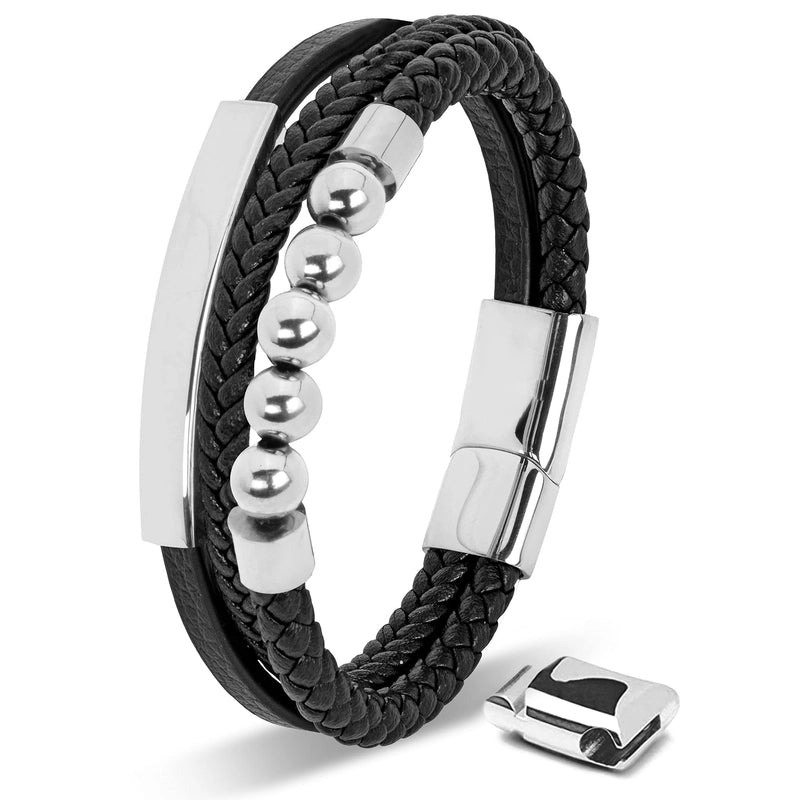 Leather Bracelet Men's Stainless Steel Three-Section Buckle Black And Golden Electroplated Magnetic Buckle Steel Ball Elbow Lettering Leather Bracelet