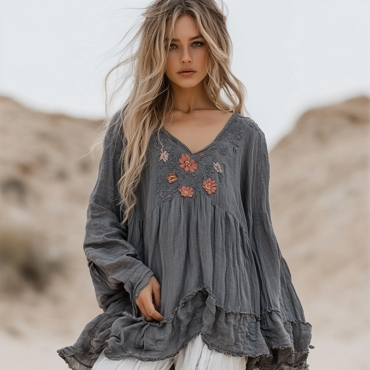 Utbros Vintage Bohemian Floral Irregular Linen Shirt