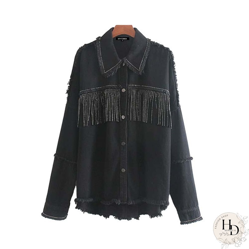 Womens Fashion Tassel Beaded Oversized Denim Jacket Coat Vintage Long Sleeve Frayed Hem