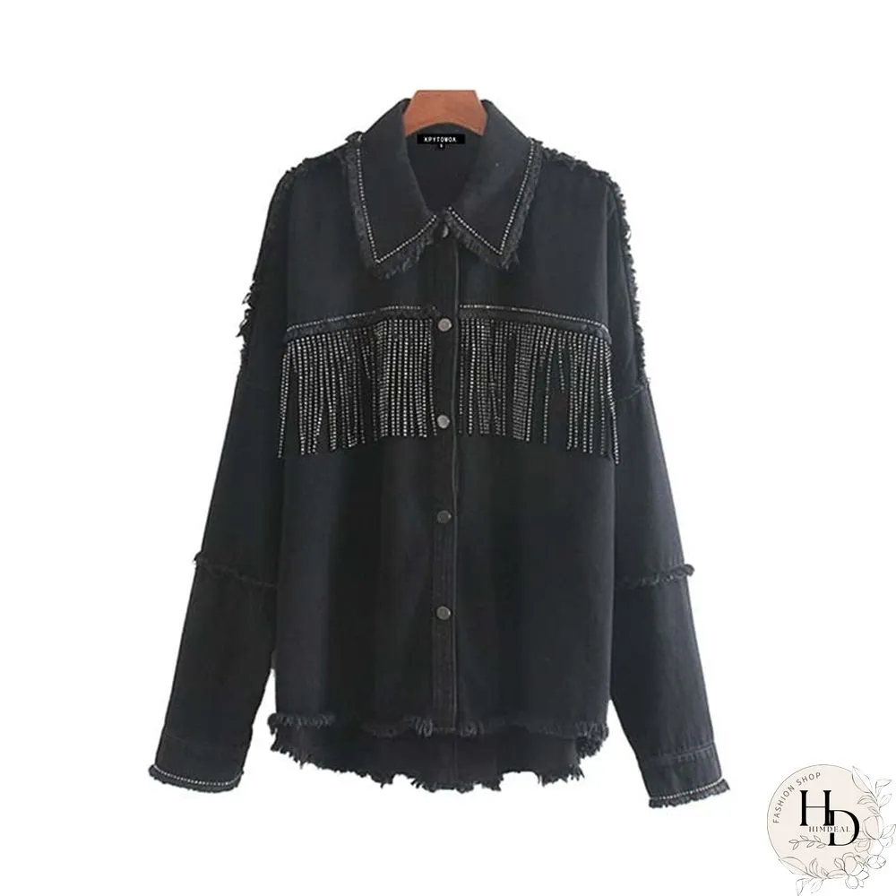Womens Fashion Tassel Beaded Oversized Denim Jacket Coat Vintage Long Sleeve Frayed Hem