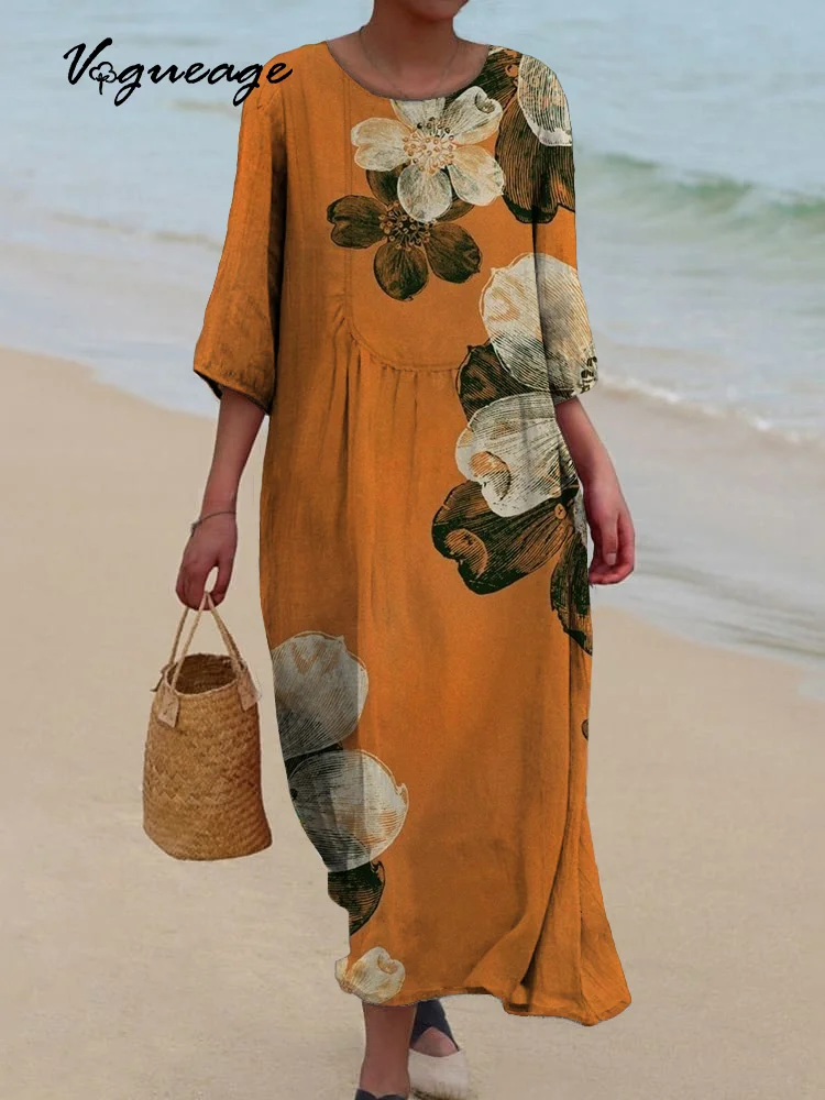 Elegant And Dignified Flowers Printed Women's Casual Cotton And Linen Dress