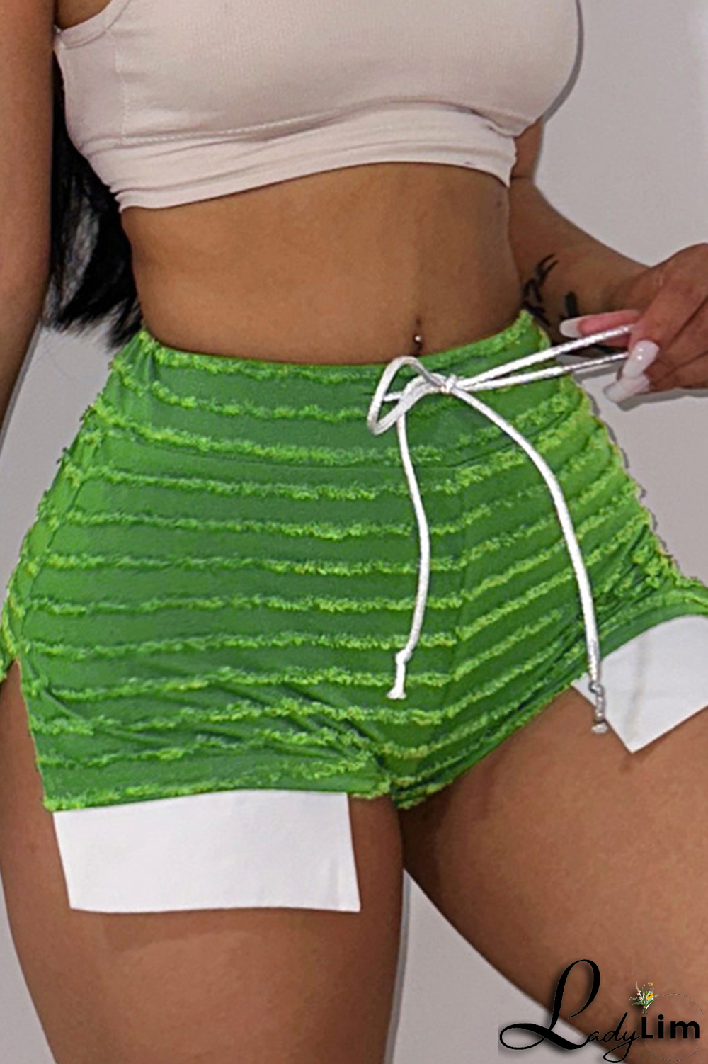 Yellow Sexy Striped Patchwork Draw String Skinny High Waist Pencil Full Print Bottoms