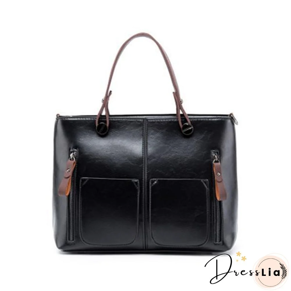 Women Oil Wax Leather Tote Bag Retro Shoulder Bags Handbags