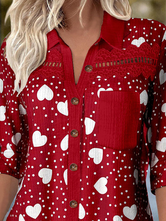 Women Long Sleeve Shirt Collar Love Printed Graphic Lace Button Pockets Tops