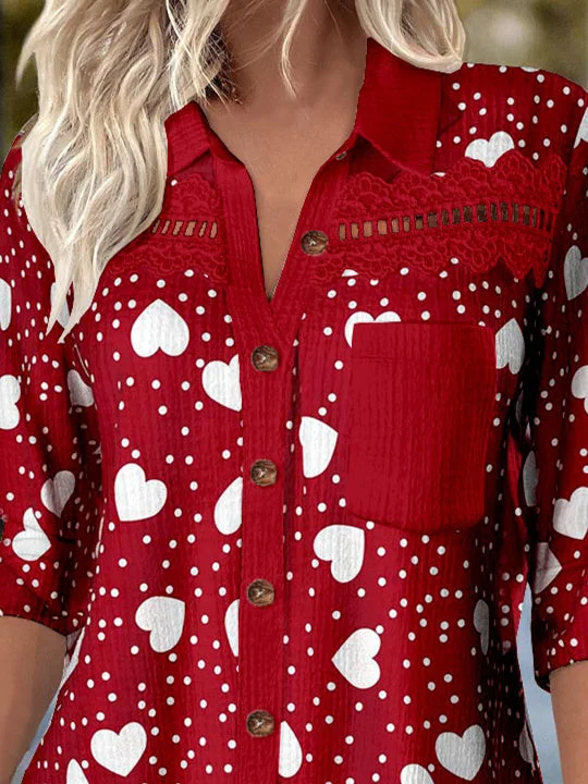 Women Long Sleeve Shirt Collar Love Printed Graphic Lace Button Pockets Tops
