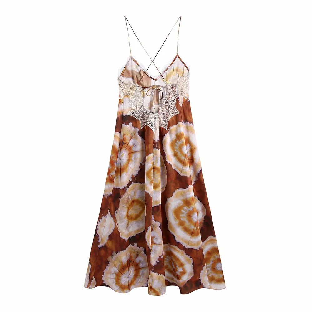 Back to school  2022 Summer Women Vintage Sexy Print Lace Stitching Backless Dress Female Fashion Party Casual Slim Sling Mini Dresses