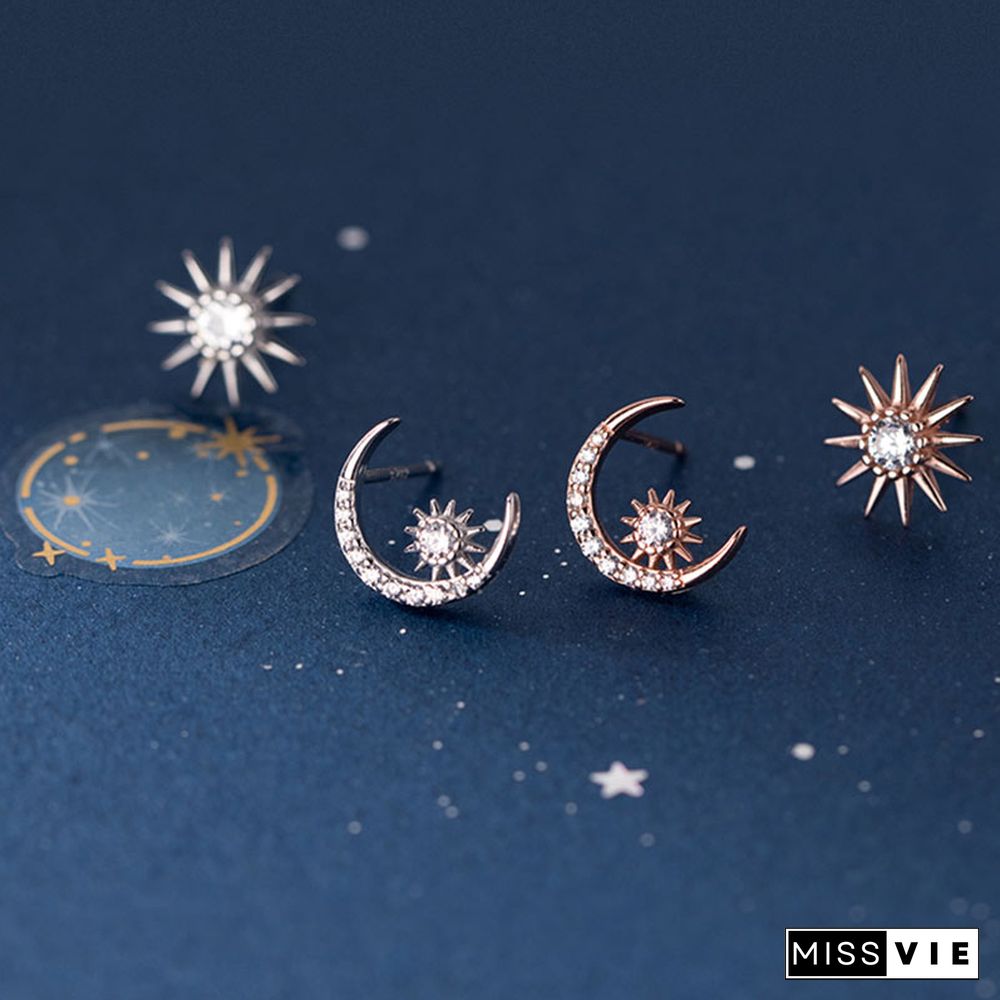 Sun Moon Asymmetrical 925 Sterling Silver Stud Earrings