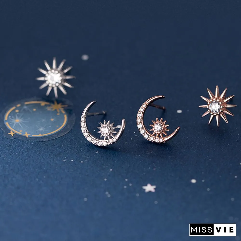 Sun Moon Asymmetrical 925 Sterling Silver Stud Earrings