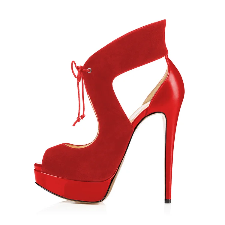 Red Lace up Key Hole Platform Sandals High Heel Shoes Vdcoo