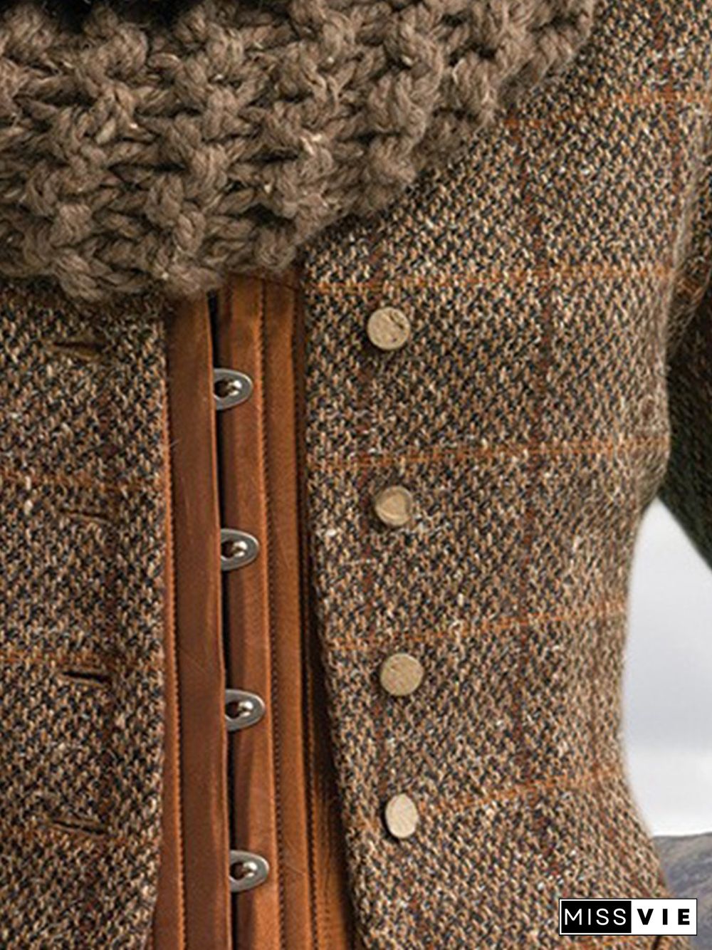 Brown Paneled Long Sleeve Plaid Knit coat