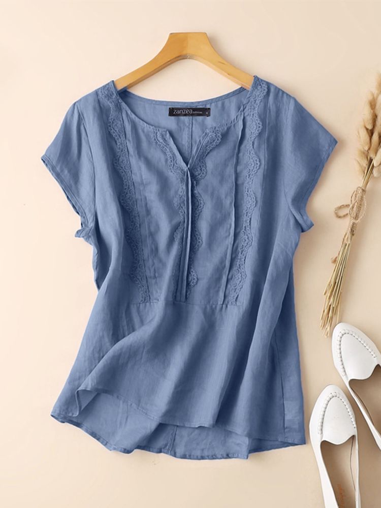 ZANZEA Women Lace Stitching Tops Vintage Short Sleeve Holiday Shirt  Summer V-neck Chic Blouse Casual Loose Solid Color Tops