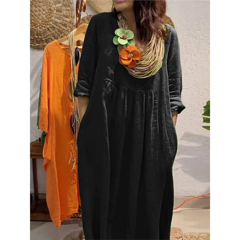 Athvotar Athvotar Spring And Summer Women's V-Neck Casual Solid Cotton Pocket Dress