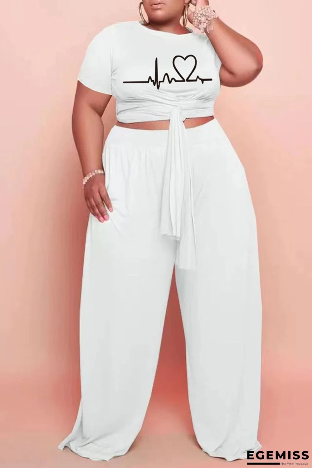 White Casual Print Bandage Patchwork O Neck Plus Size Two Pieces | EGEMISS