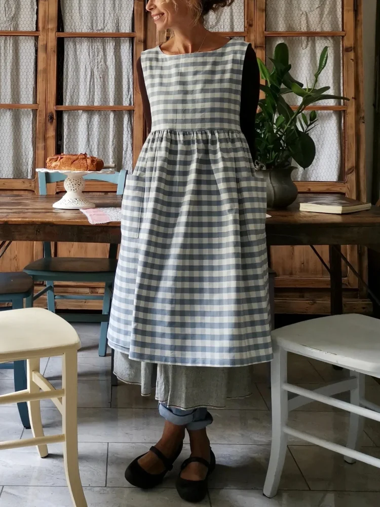 Light Blue Check Cotton Kitchen Apron