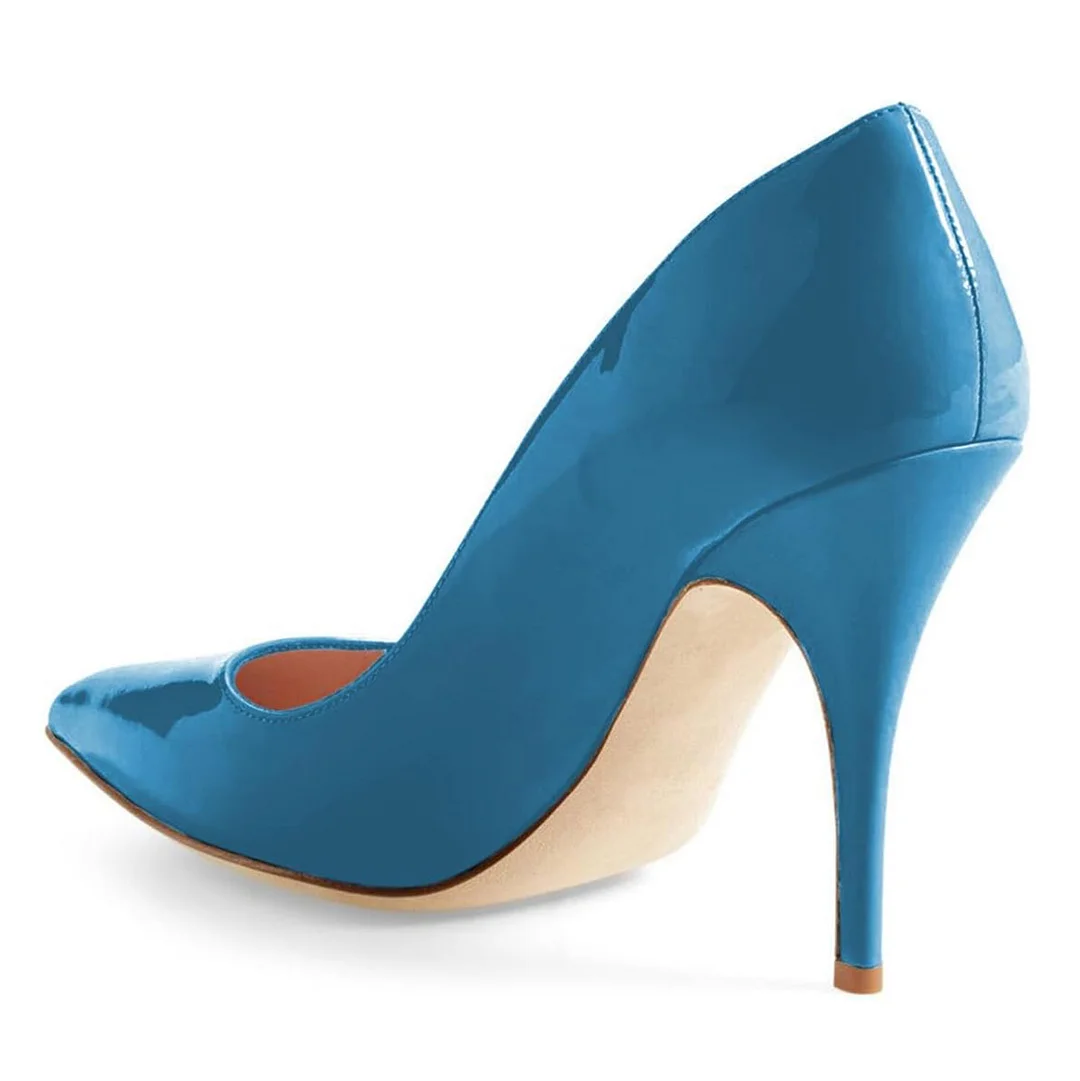 Blue Patent Leather Pointed Toe Stiletto Heel Simple Pumps Shoes