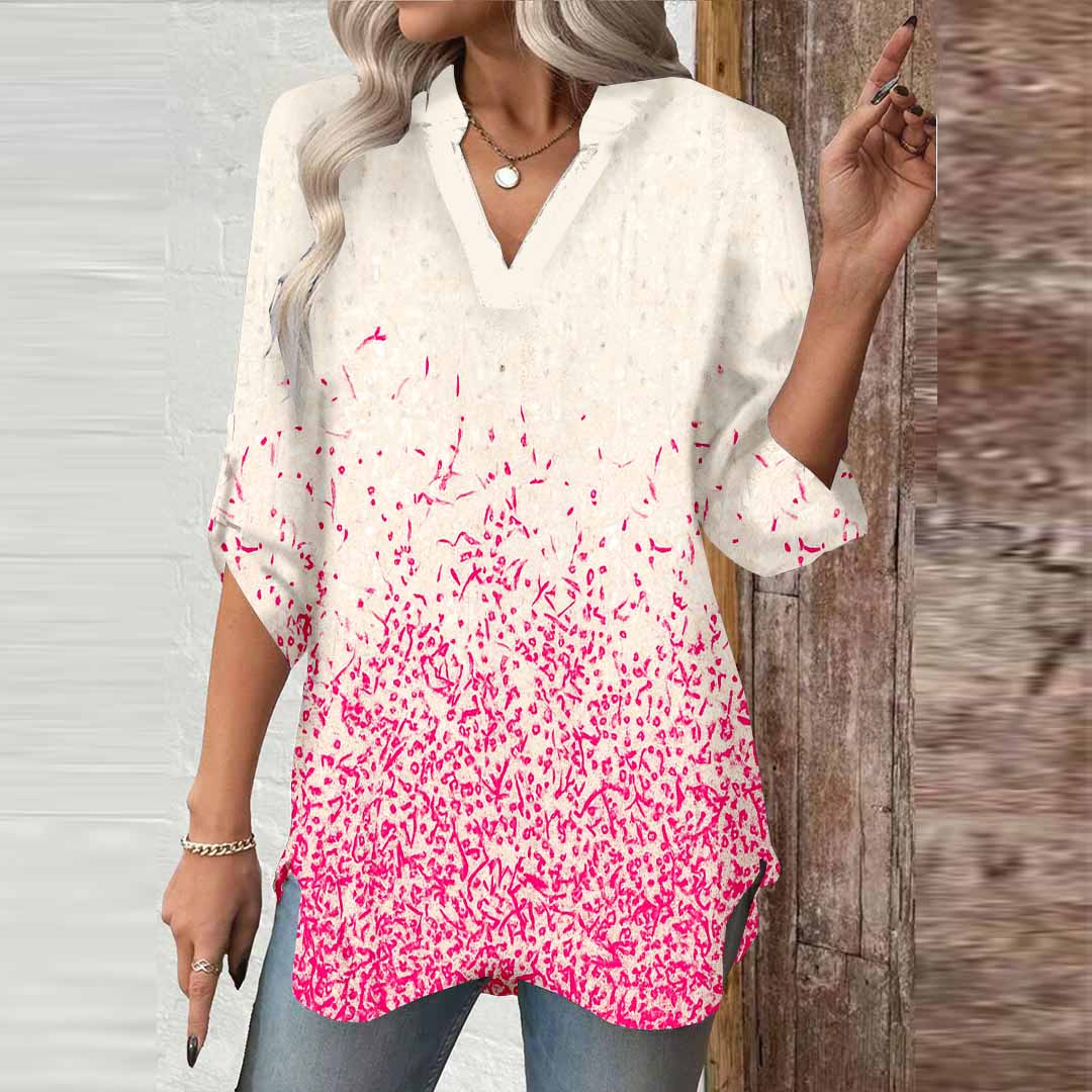 Women Polka Dot, Red DZGA0470 3/4 Sleeve V-neck Printed Graphic Button Tops