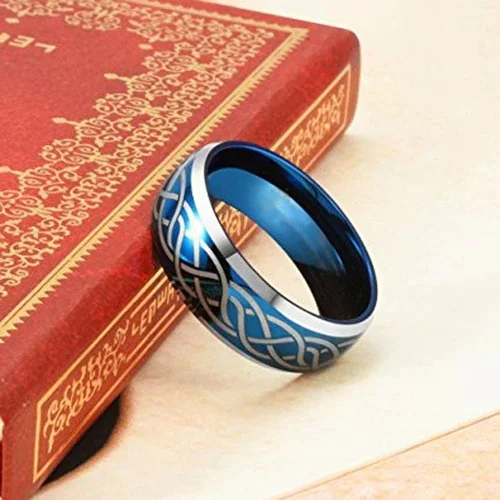 6MM 8MM Blue Laser Etched Celtic Knot Women Or Men's Tungsten Carbide Wedding Rings