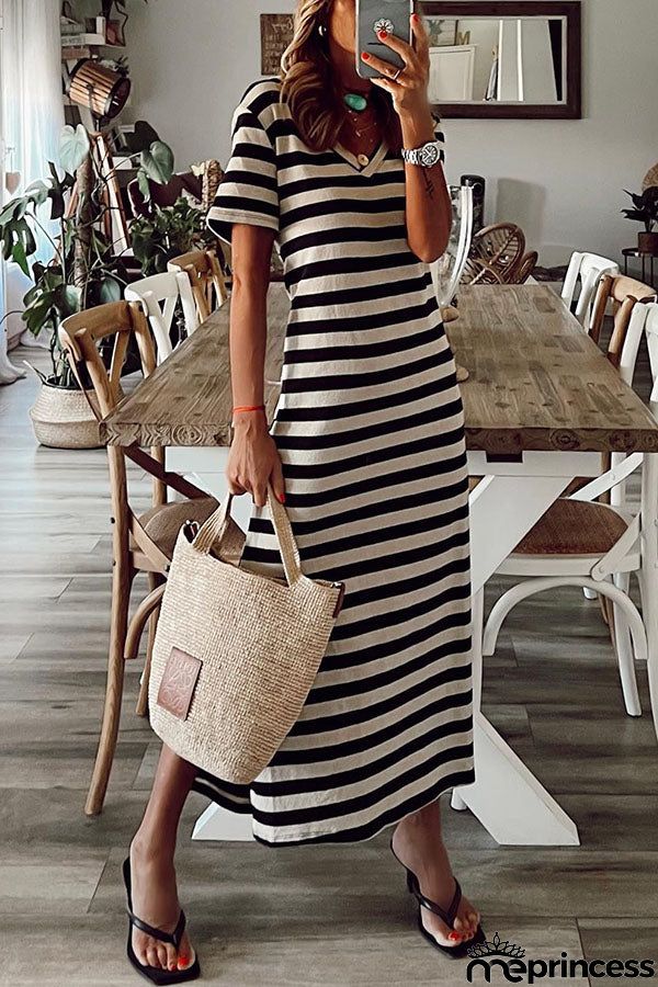 Brilliant Basics Stripe V Neck Casual Midi Dress