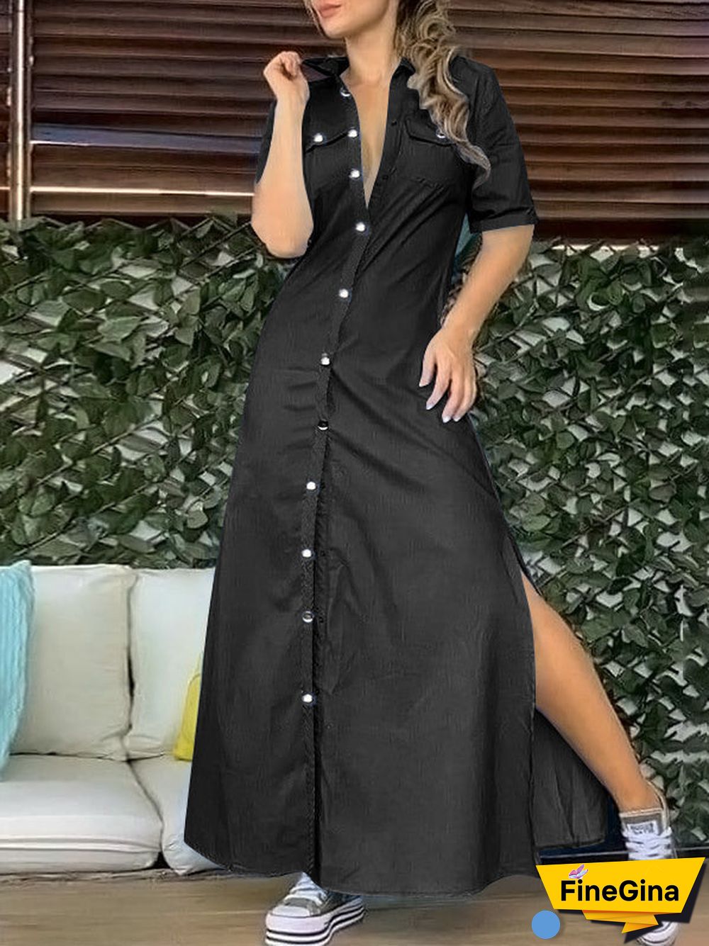 Women's Plus Size Denim Buttons Maxi Dress