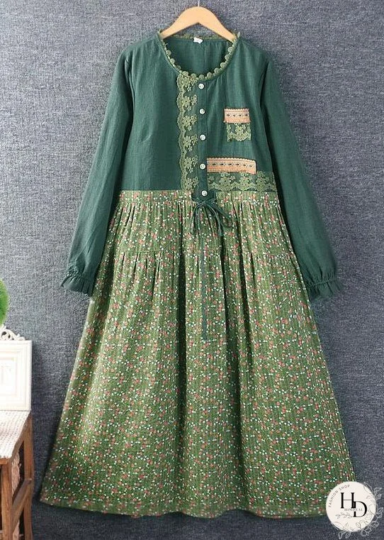 New Green Print Tie Waist Patchwork Cotton Dress Long Sleeve