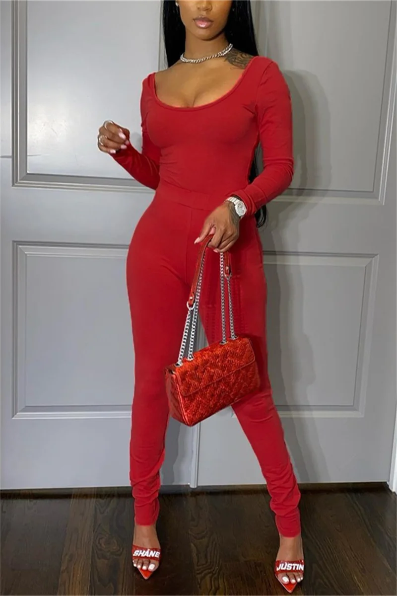 Red Fashion Sexy adult Ma'am Solid Two Piece Suits pencil Long Sleeve Two Pieces | EGEMISS