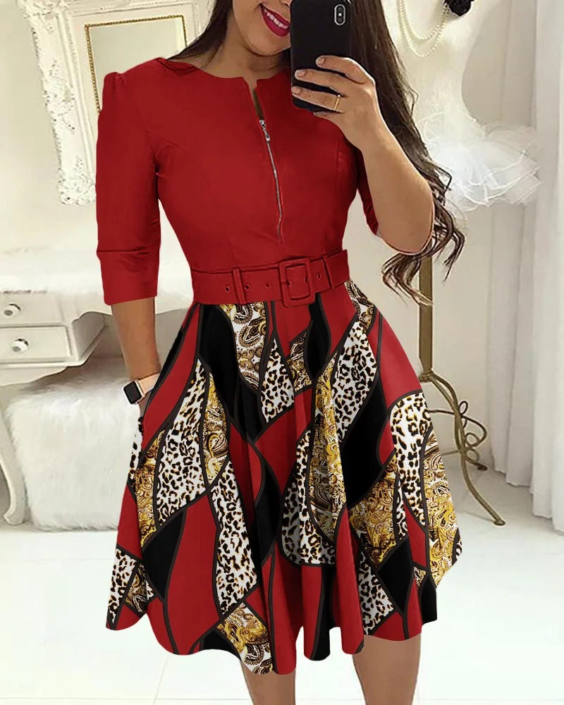 Uveng Uveng New Round-Neck Printing Belt Fashion Casual Commuter Dress Woman