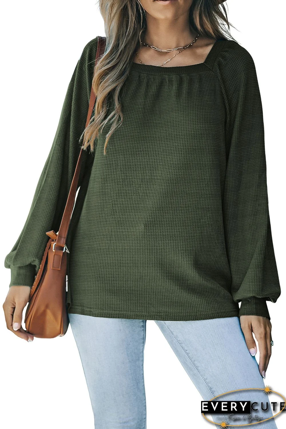 Green Scoop Neck Puff Sleeve Waffle Knit Top