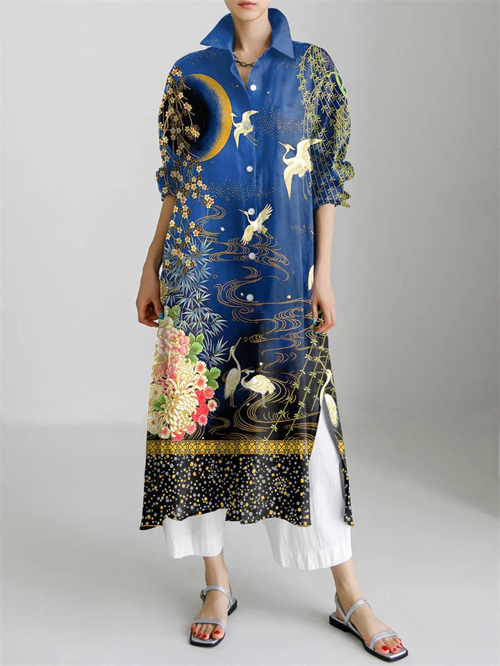 Japanese Landscape Art Pattern Long Sleeve Slit Shirt Dress