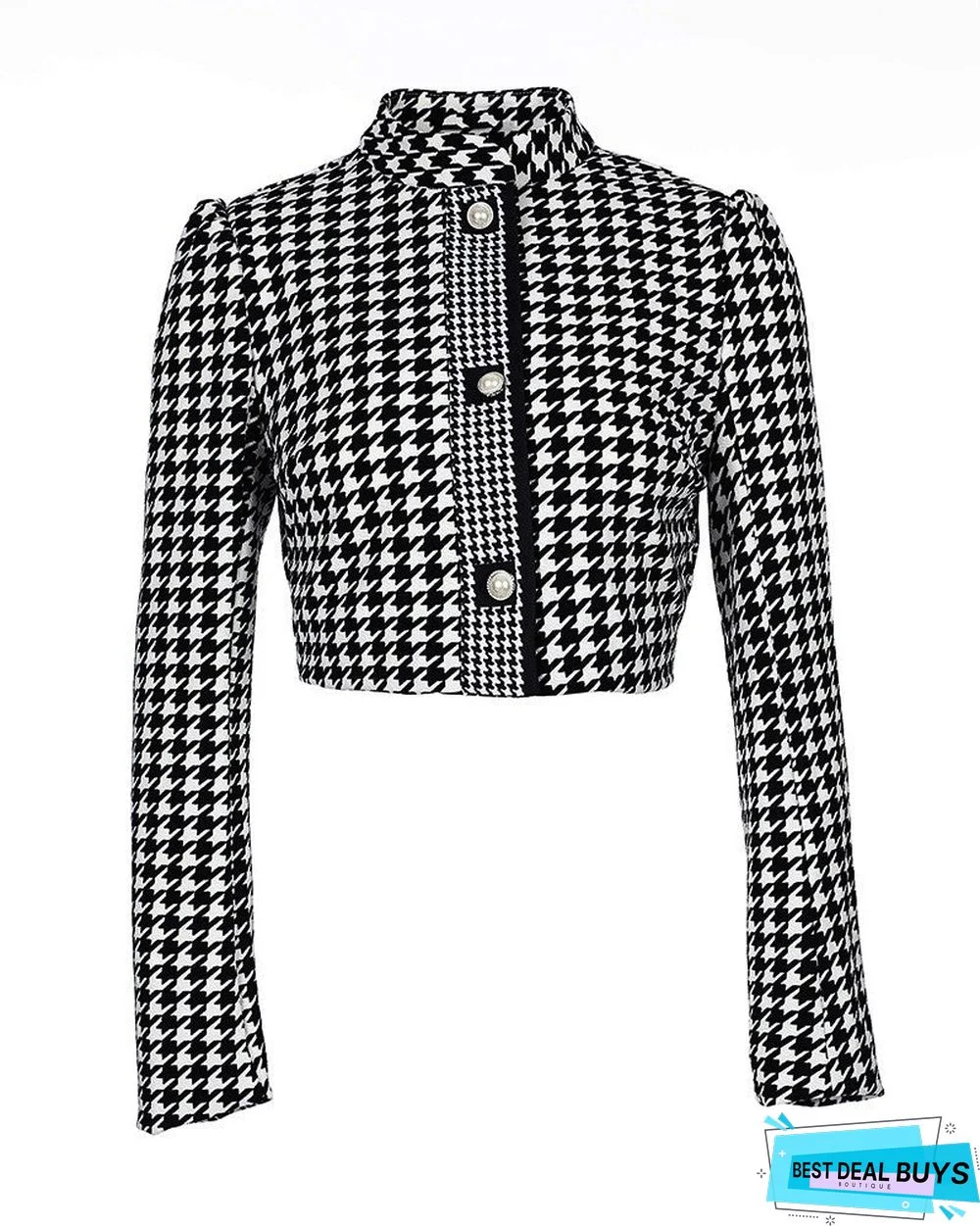 O Neck Hounds Tooth Print Buttoned Jacket