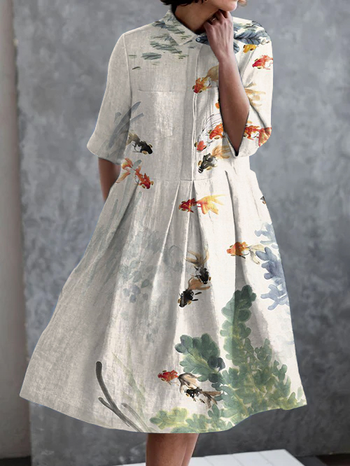 Vintage Art Print Casual Pocket Half Sleeve Dress