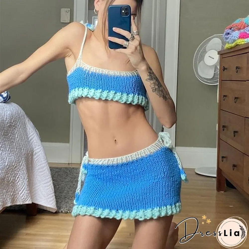 Knitted Set Women Summer Color Block Patchwork Sleeveless Crop Top And Mini Skirt Matching