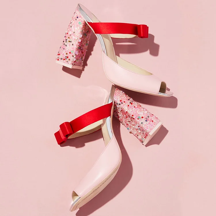 Pink Square Peep Toe Floral Mules Vdcoo
